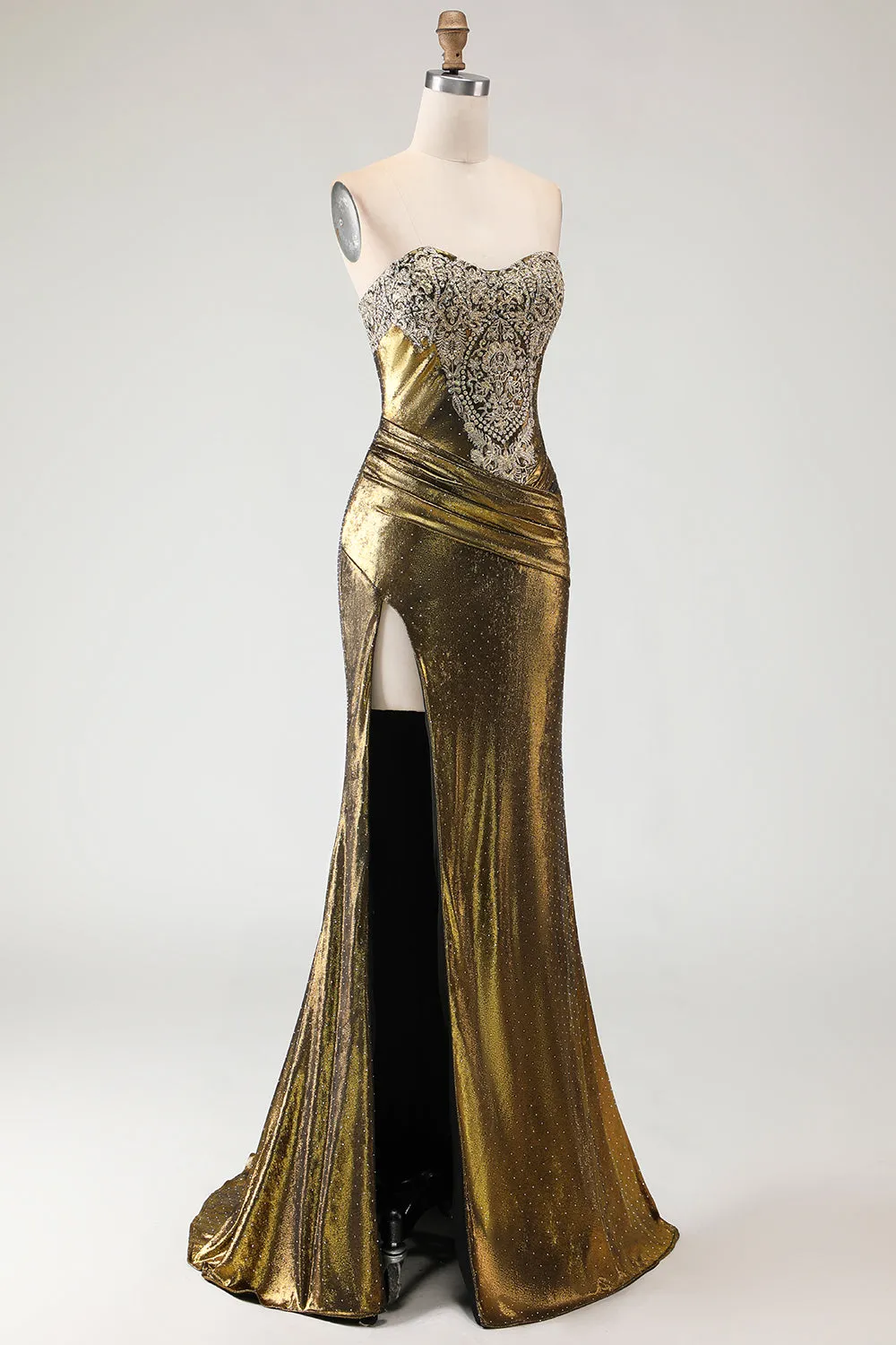 Metallic Bronze Mermaid Strapless Beaded Long Prom Dress with Slit sold by Zapaka product image thumbnail 3
