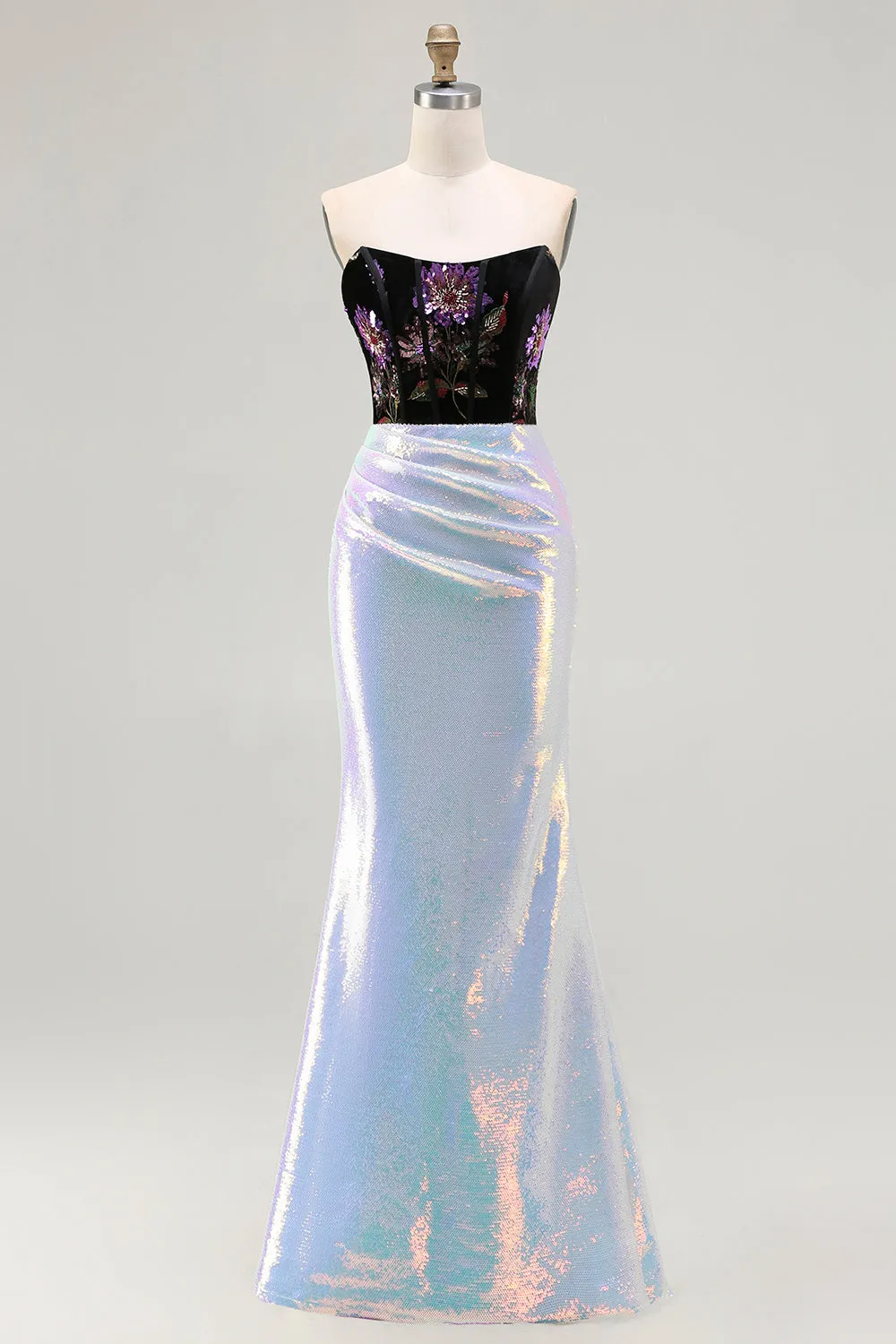 Sparkly Black and Lilac Sequin Floral Mermaid Corset Strapless Long Prom Dress sold by Zapaka