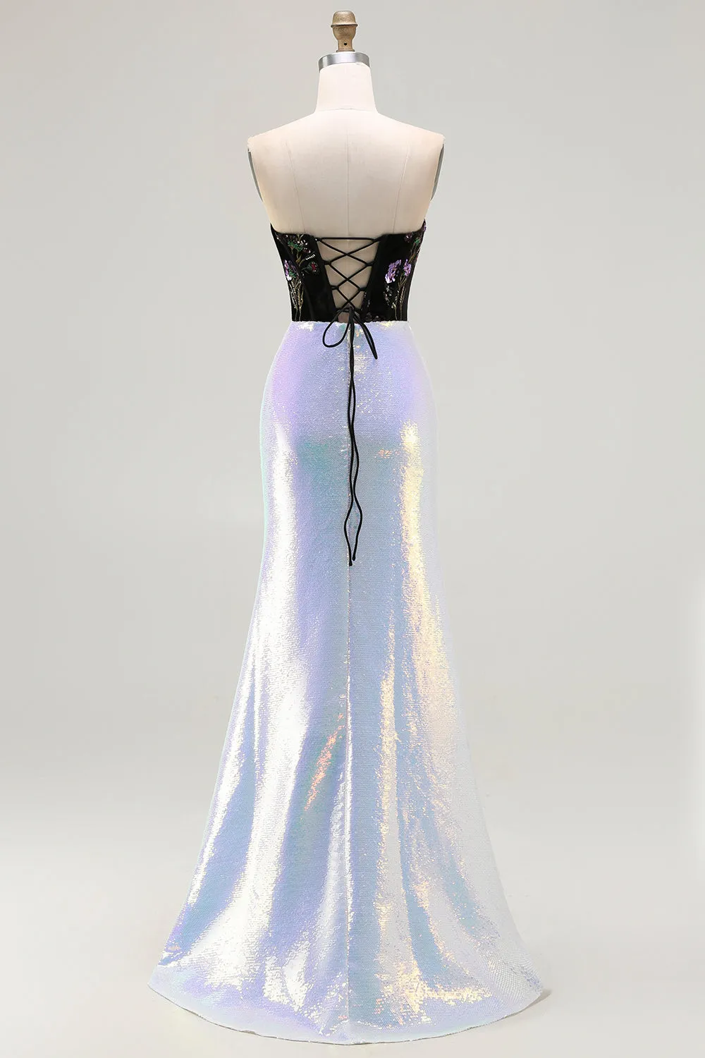 Sparkly Black and Lilac Sequin Floral Mermaid Corset Strapless Long Prom Dress sold by Zapaka product image thumbnail 2