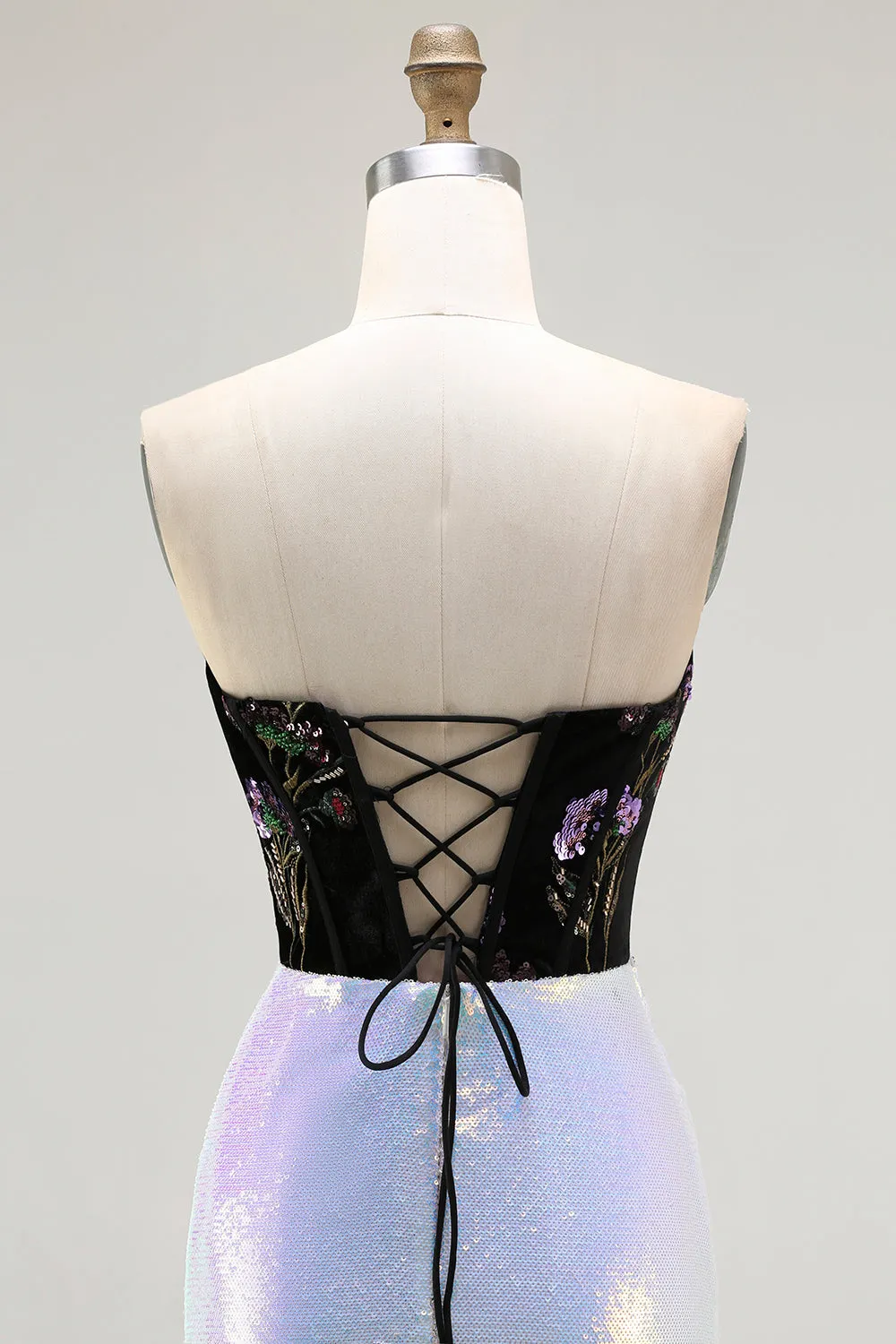 Sparkly Black and Lilac Sequin Floral Mermaid Corset Strapless Long Prom Dress sold by Zapaka product image thumbnail 5