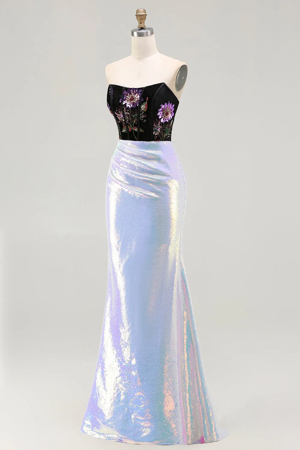 Sparkly Black and Lilac Sequin Floral Mermaid Corset Strapless Long Prom Dress sold by Zapaka product image thumbnail 3