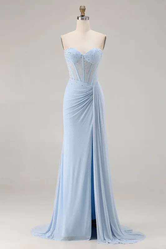 Strapless Mermaid Sky Blue Beaded Corset Long Prom Dress with Slit sold by Zapaka