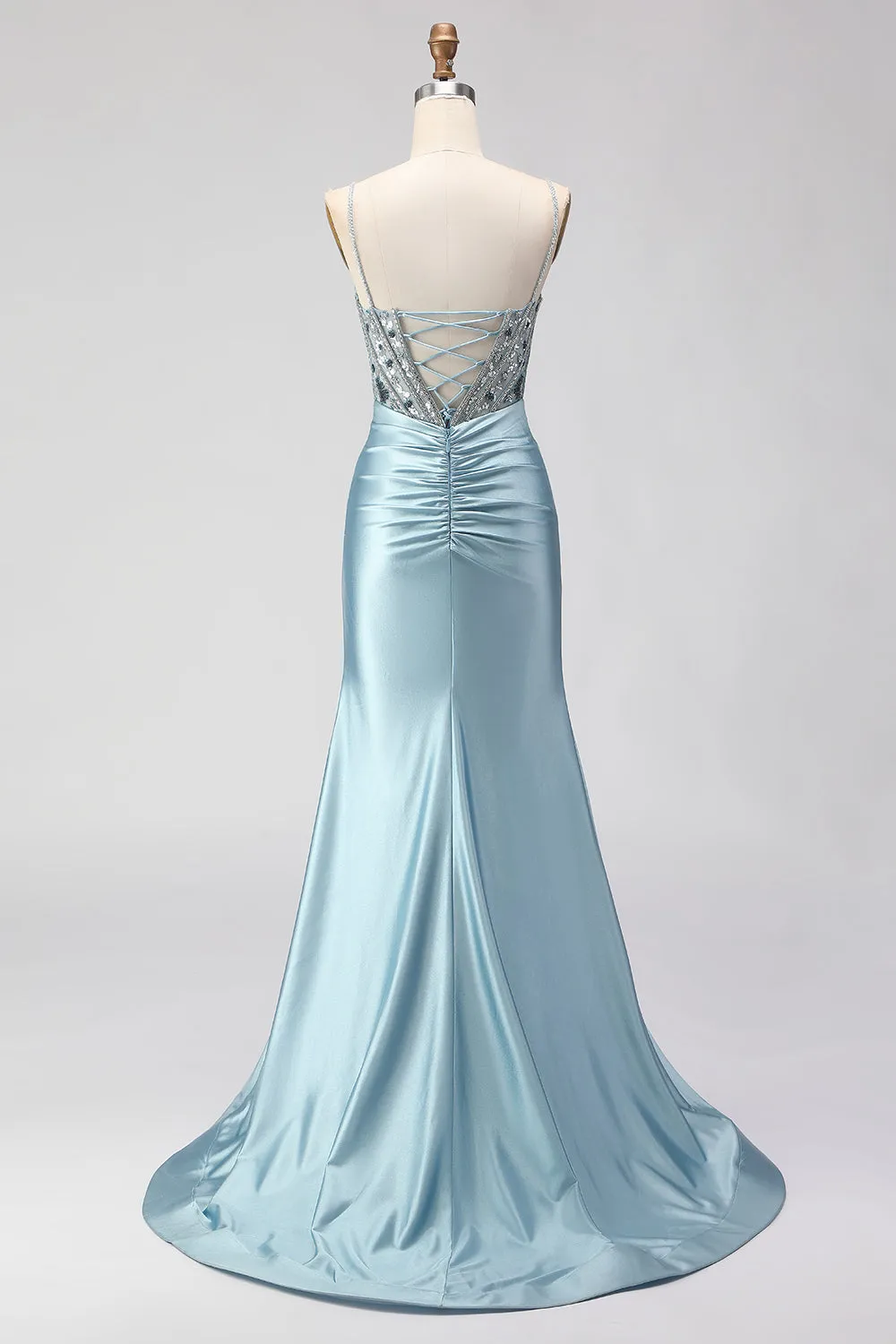 Dusty Blue Mermaid Beaded Corset Sequin Long Prom Dress with Slit sold by Zapaka product image thumbnail 2