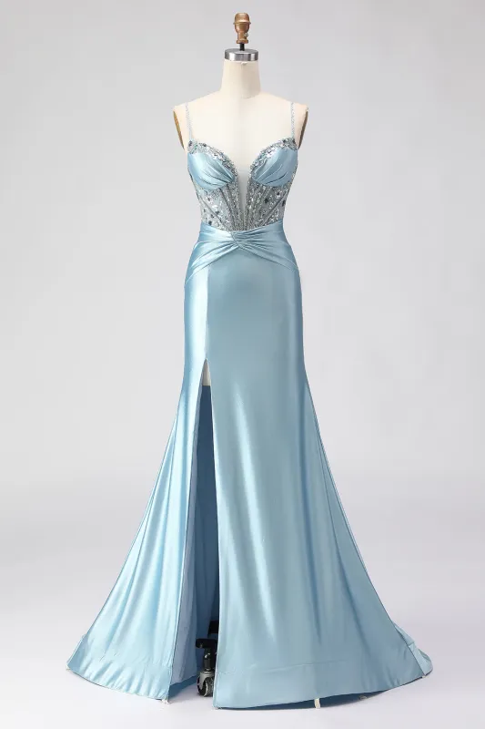 Dusty Blue Mermaid Beaded Corset Sequin Long Prom Dress with Slit sold by Zapaka