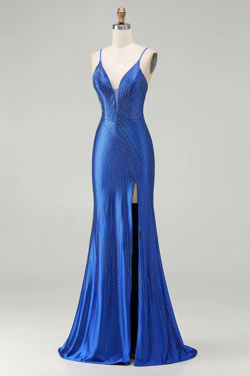 Royal Blue Mermaid Beaded Satin Long Prom Dress with Slit sold by Zapaka product image thumbnail 2