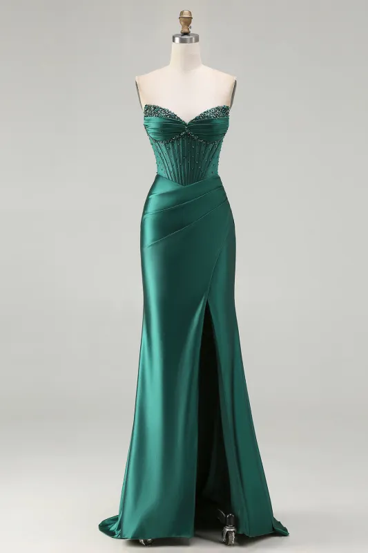 Dark Green Strapless Beaded Corset Long Prom Dress with Slit sold by Zapaka