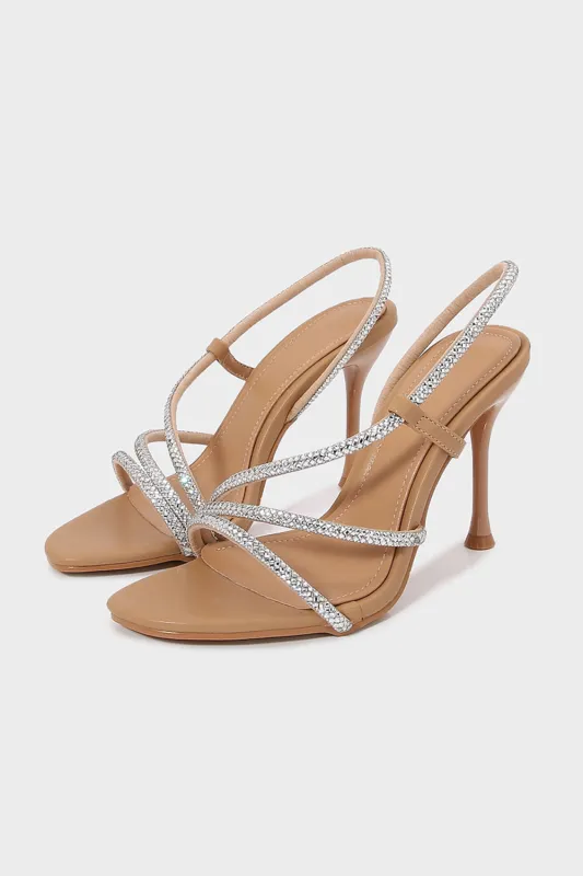 Apricot Rhinestone-Embellished High Heel Sandals With Ankle Straps For Parties, Weddings And Holidays sold by Zapaka