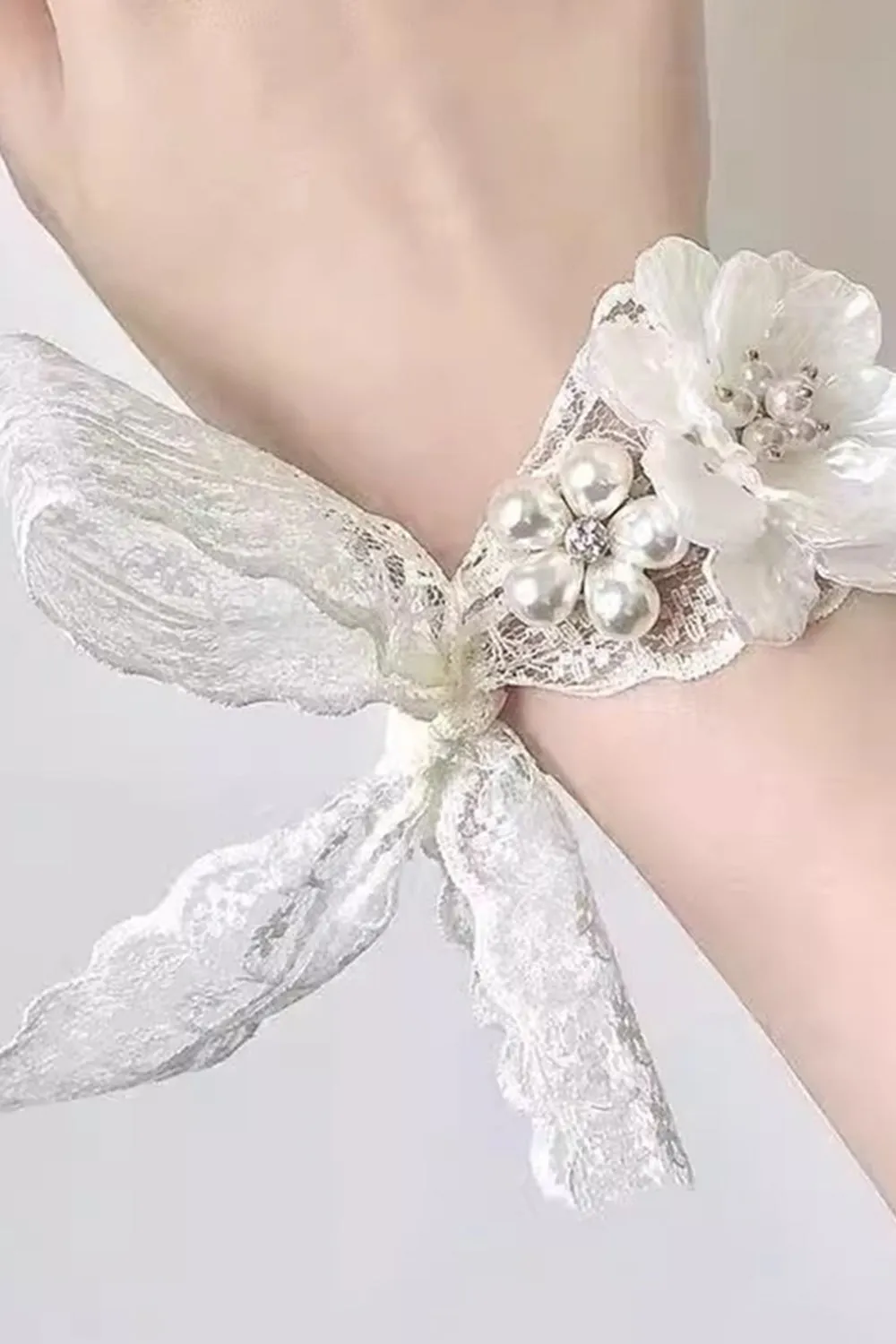 White Ceramic Flower Wrist Corsage with Lace Ribbon sold by Zapaka product image thumbnail 2