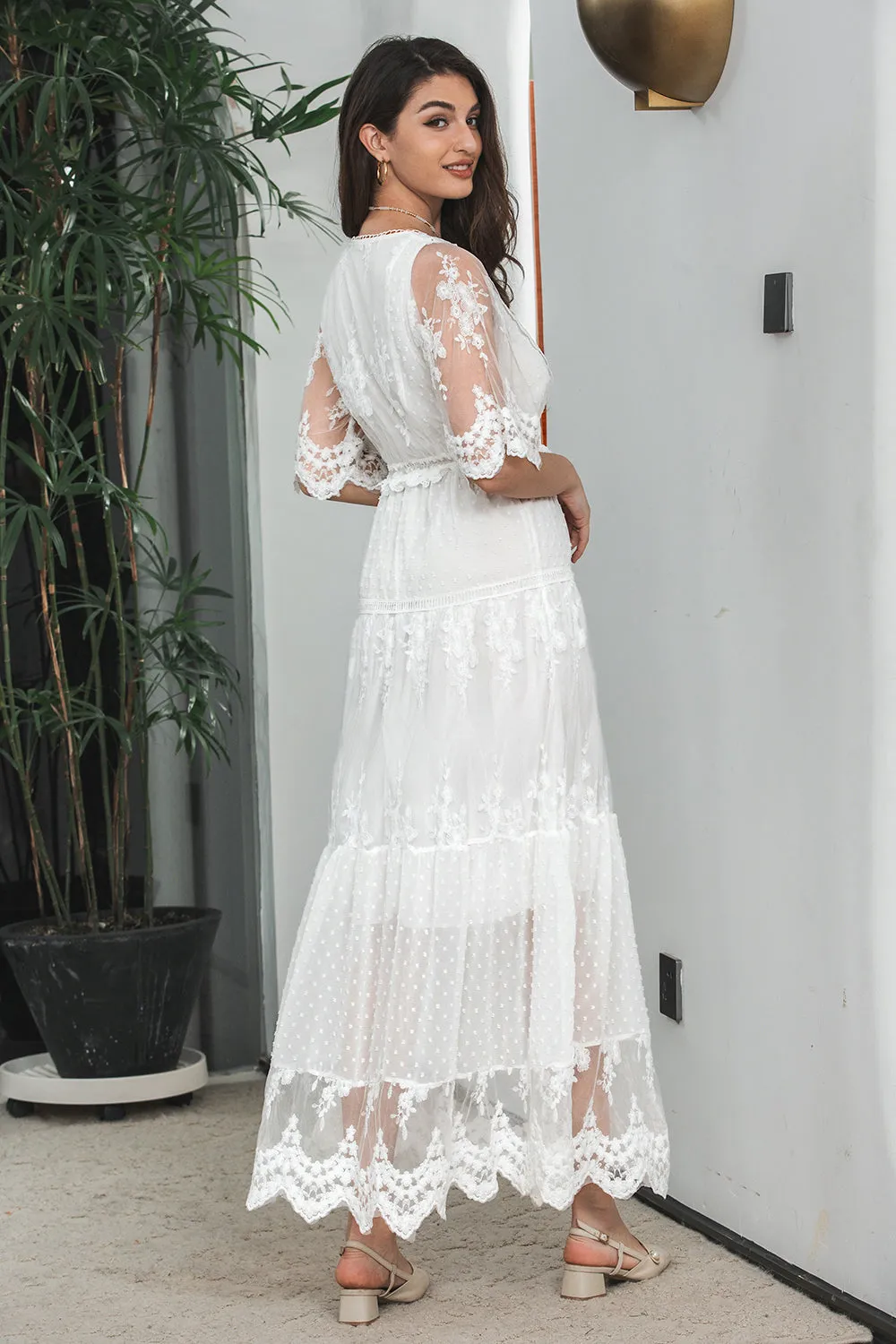 White A Line V Neck Boho Lace Long Modest Graduation Dress with Short Sleeves sold by Zapaka product image thumbnail 2