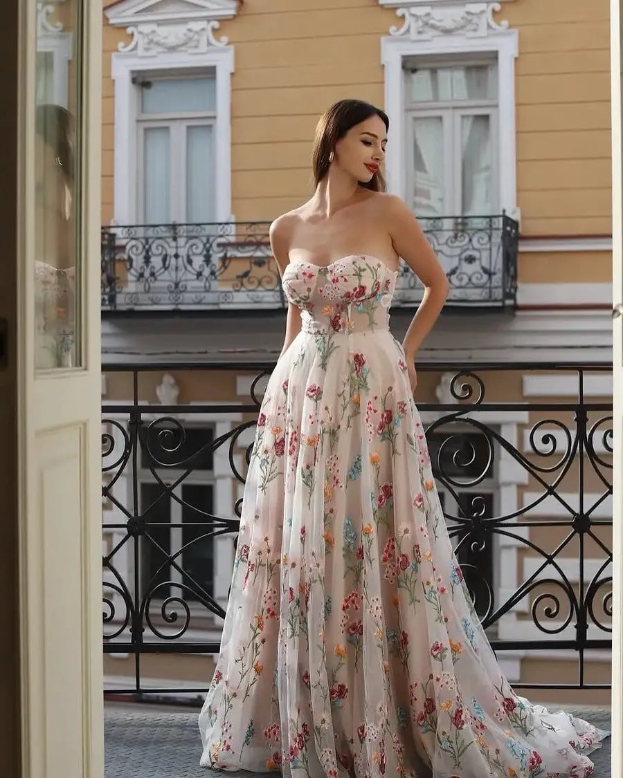 Tulle Strapless Sweep Train Ivory Long Wedding Dress with Embroidery-App sold by Zapaka