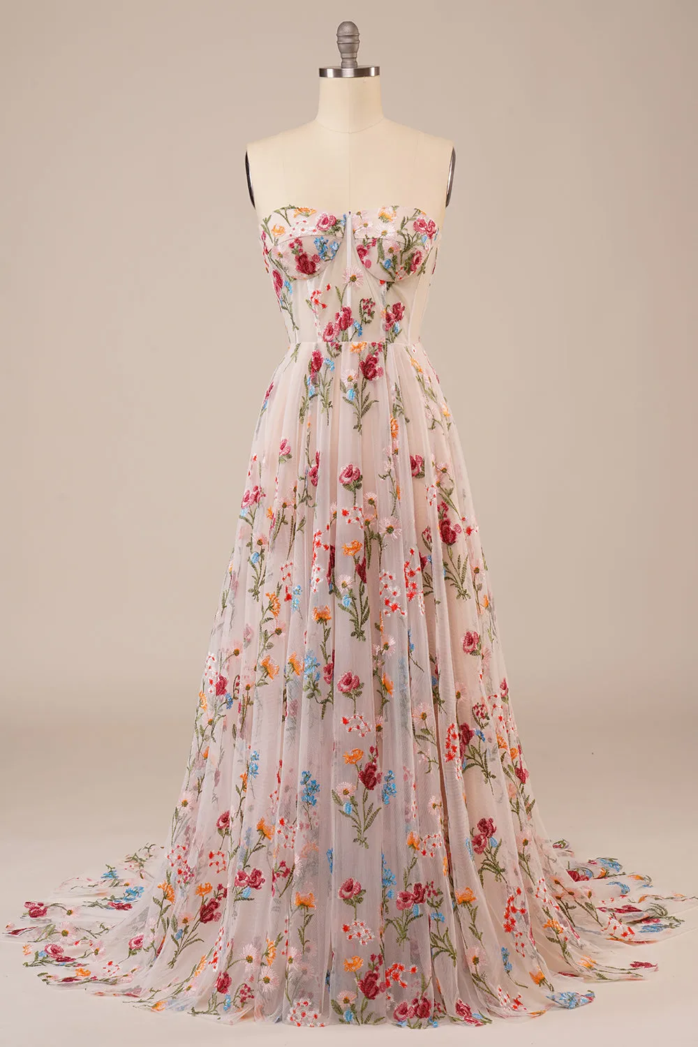 Tulle Strapless Sweep Train Ivory Long Wedding Dress with Embroidery-App sold by Zapaka product image thumbnail 4