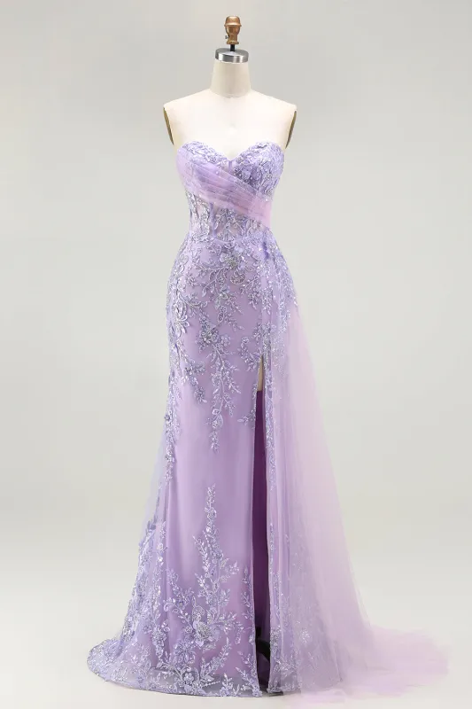 Purple Sweetheart Mermaid Corset Appliqued Sequin Long Prom Dress with Slit sold by Zapaka