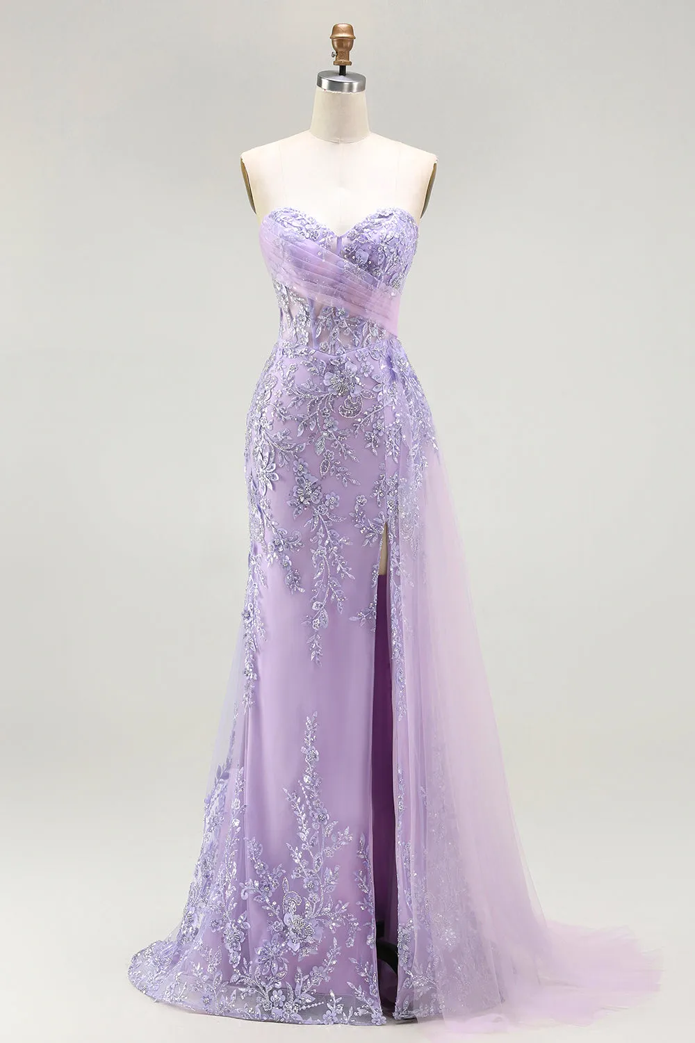 Purple Sweetheart Beaded Mermaid Corset Sequin Long Prom Dress with Slit sold by Zapaka