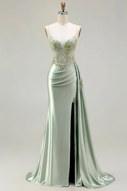 Green Mermaid Beaded Corset Appliqued Satin Long Prom Dress with Slit sold by Zapaka