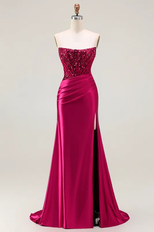 Burgundy Mermaid Strapless Corset Beaded Sequin Long Prom Dress with Slit sold by Zapaka