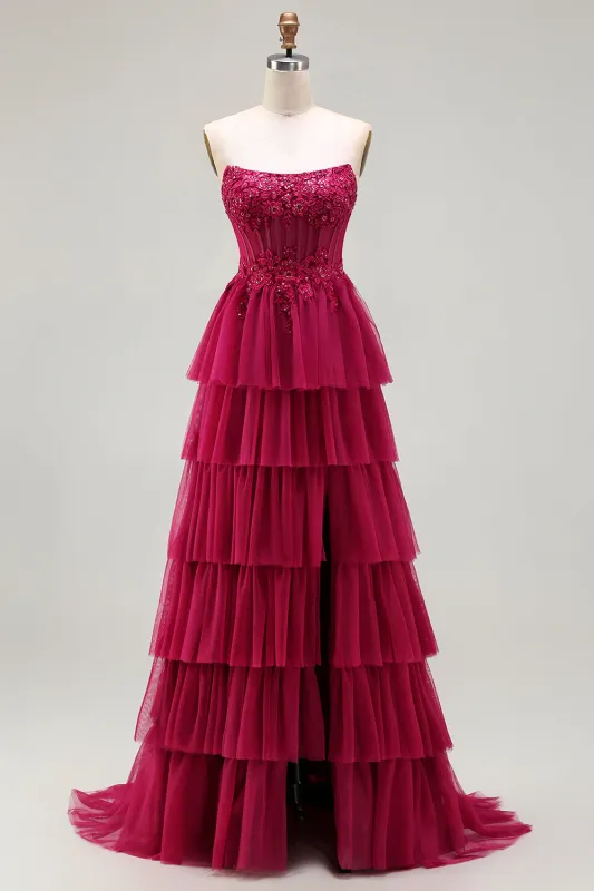 Fuchsia Strapless A Line Appliqued Corset Tiered Ruffle Long Prom Dress with Slit sold by Zapaka