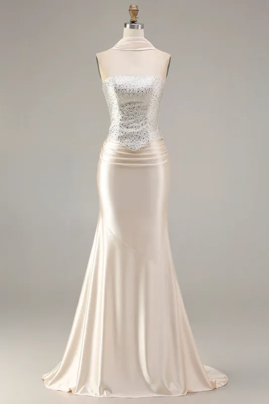 Champagne Two Piece Strapless Mermaid Beaded Convertible Long Prom Dress with a Neck Scarf sold by Zapaka