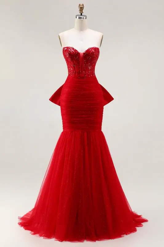 Glitter Red Mermaid Sweetheart Corset Sequin Ruched Long Prom Dress with Bow sold by Zapaka