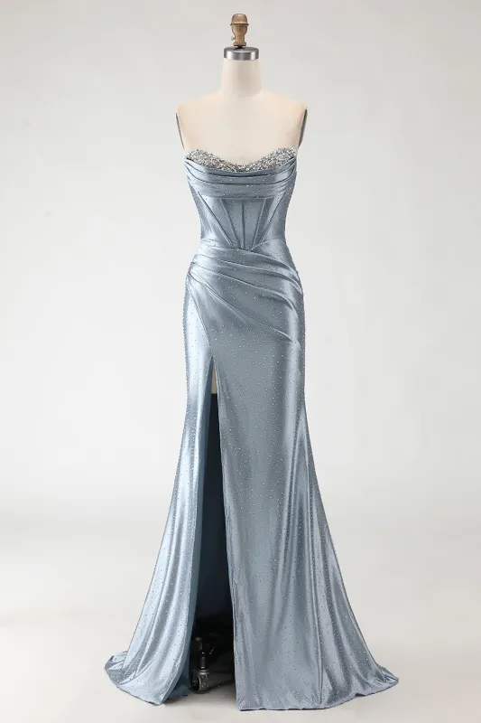 Grey Blue Mermaid Beaded Strapless Corset Ruched Long Prom Dress with Slit sold by Zapaka
