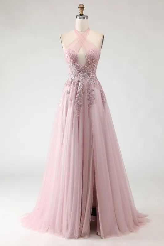 Blush Pink Halter Corset Appliqued A Line Long Prom Dress with Slit sold by Zapaka