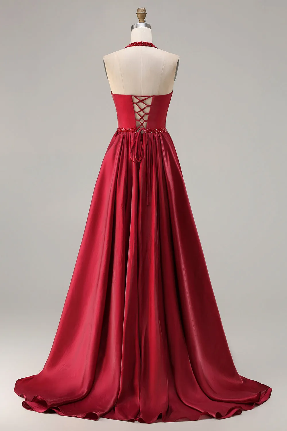 Burgundy A Line Halter Beaded Satin Long Prom Dress with Lace Up Back sold by Zapaka product image thumbnail 2
