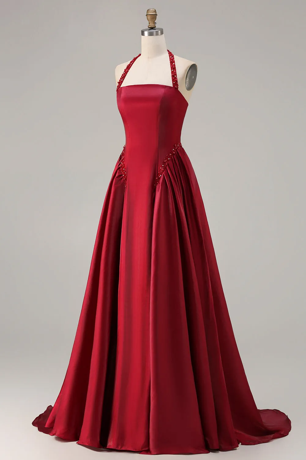 Burgundy A Line Halter Beaded Satin Long Prom Dress with Lace Up Back sold by Zapaka product image thumbnail 3
