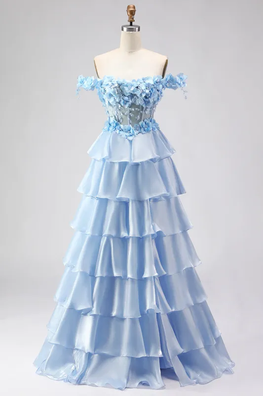 Light Blue A Line Off the Shoulder Appliqued Corset Tiered Ruffle Long Prom Dress sold by Zapaka