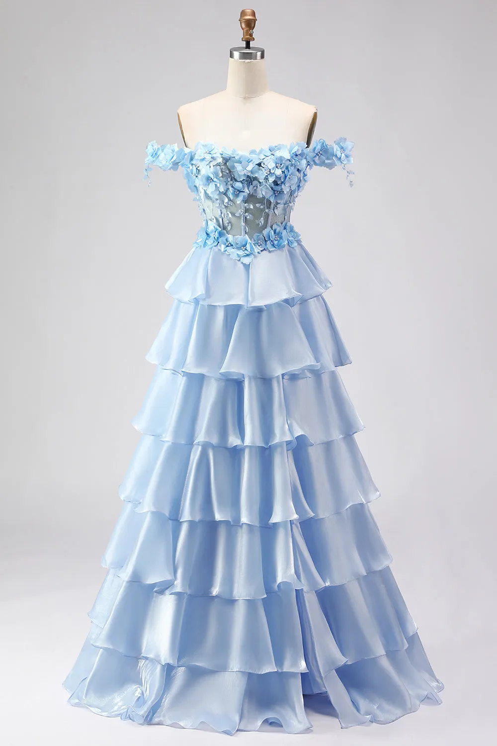 Light Blue A Line Off the Shoulder Appliqued Corset Tiered Ruffle Long Prom Dress sold by Zapaka