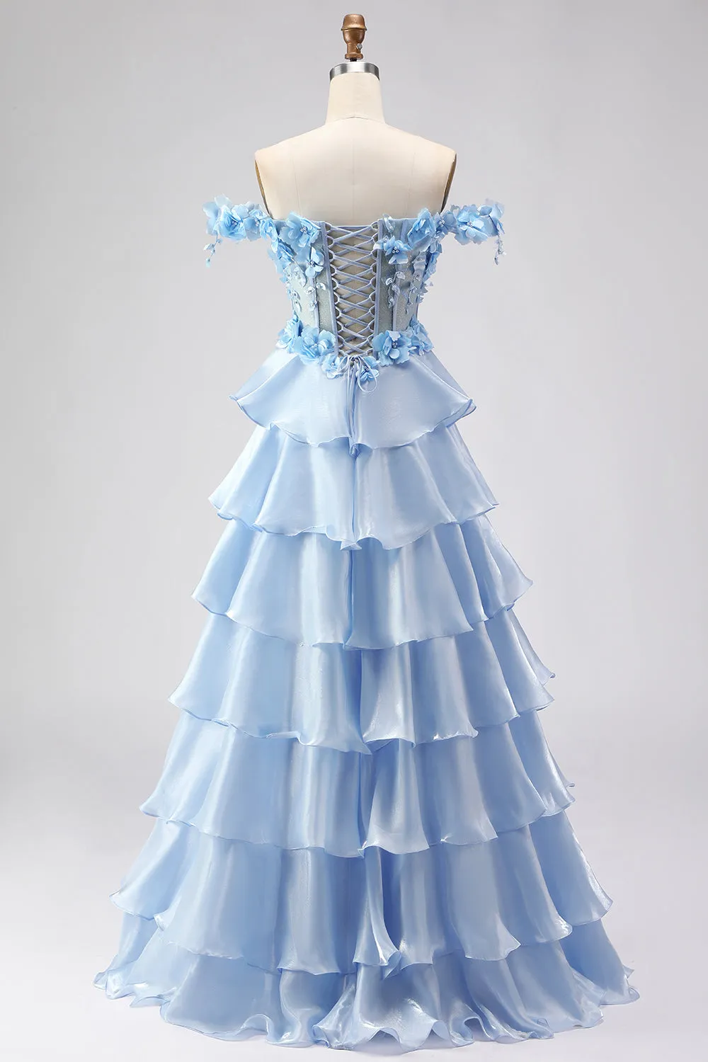 Light Blue A Line Off the Shoulder Appliqued Corset Tiered Ruffle Long Prom Dress sold by Zapaka product image thumbnail 2