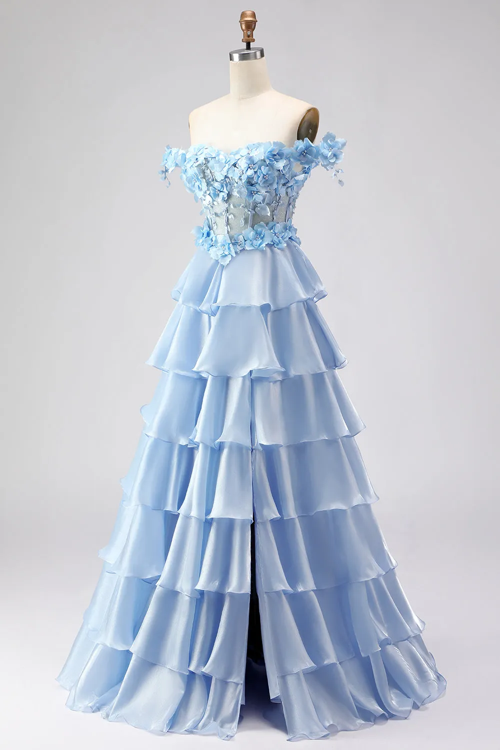 Light Blue A Line Off the Shoulder Appliqued Corset Tiered Ruffle Long Prom Dress sold by Zapaka product image thumbnail 3