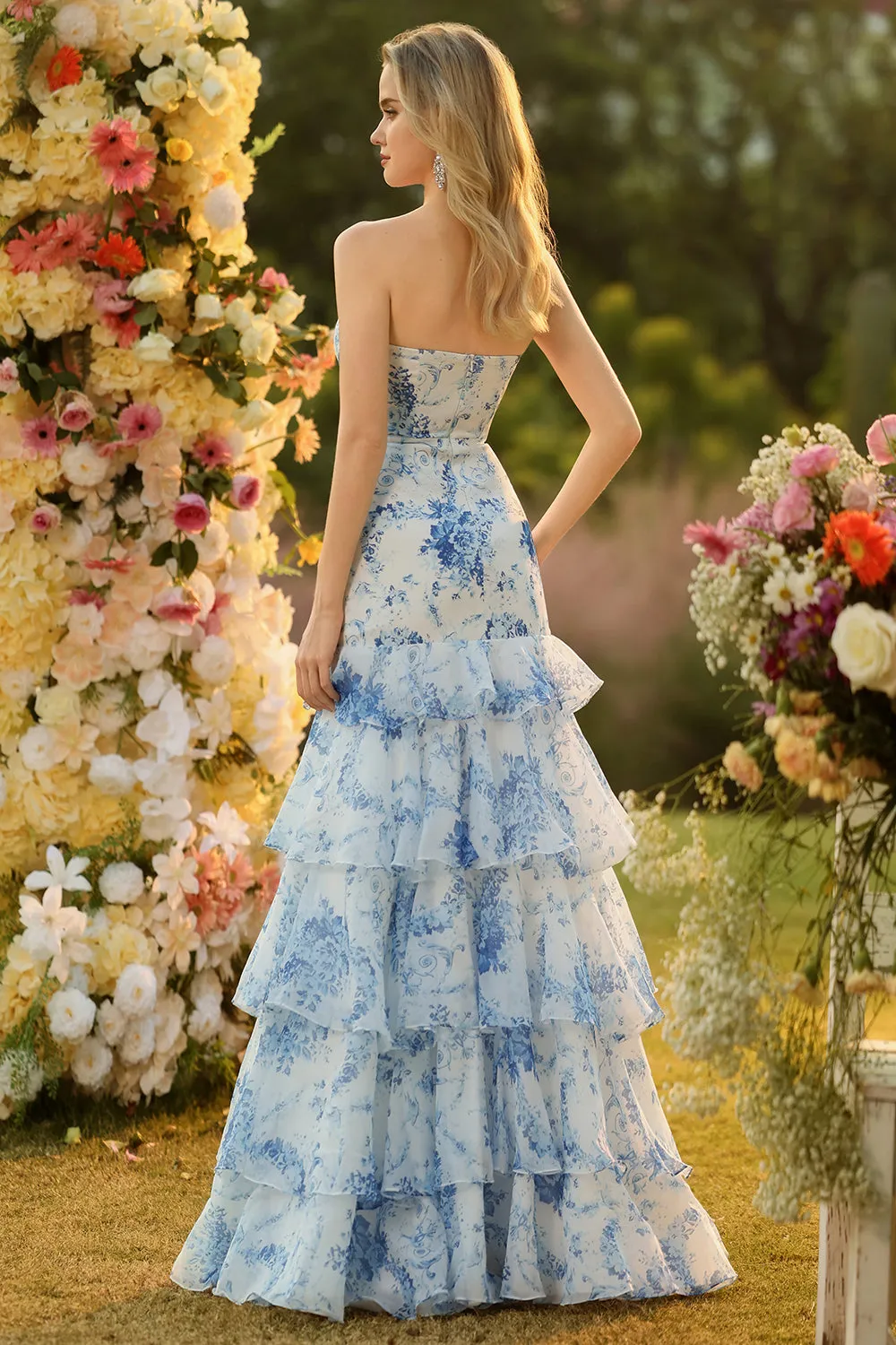 White Blue Flower Strapless Mermaid Tiered Print Long Prom Dress with Ruffles sold by Zapaka product image thumbnail 2