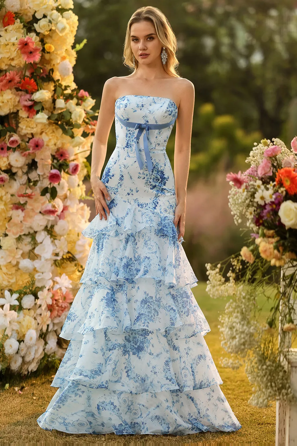 White Blue Flower Strapless Mermaid Tiered Print Long Prom Dress with Ruffles sold by Zapaka product image thumbnail 4