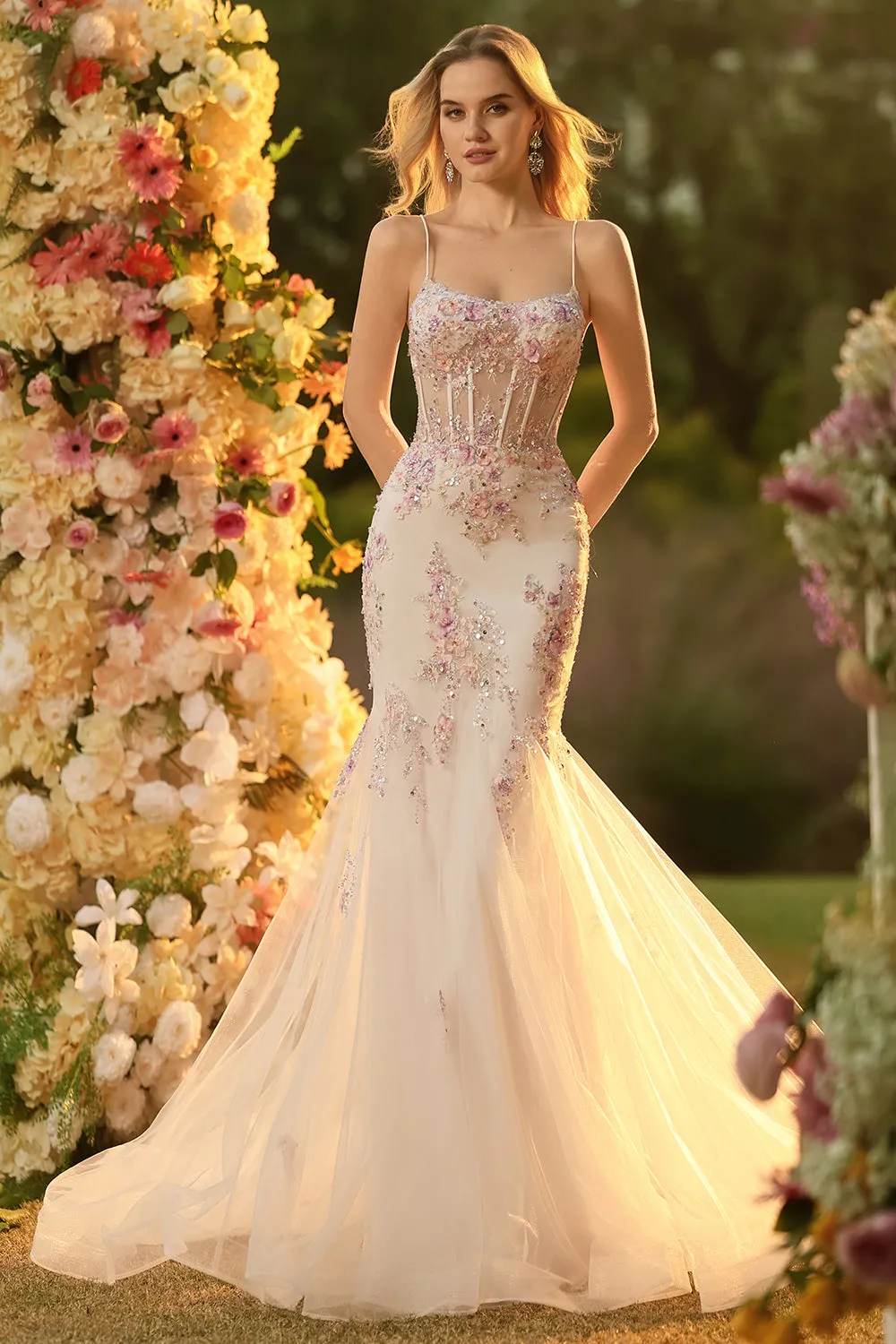 White Pink Flower Mermaid Sequins Corset Beaded Long Prom Dress with Lace Up Back sold by Zapaka product image thumbnail 3