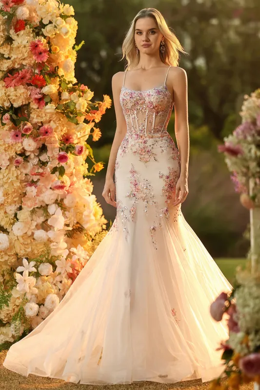 White Pink Flower Mermaid Sequins Corset Beaded Long Prom Dress with Lace Up Back sold by Zapaka