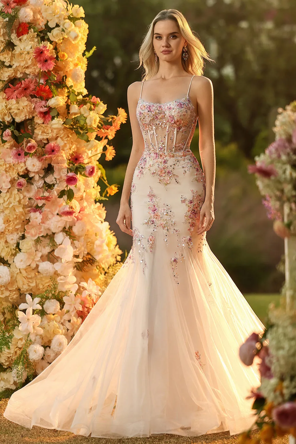 White Pink Flower Mermaid Sequins Corset Beaded Long Prom Dress with Lace Up Back sold by Zapaka