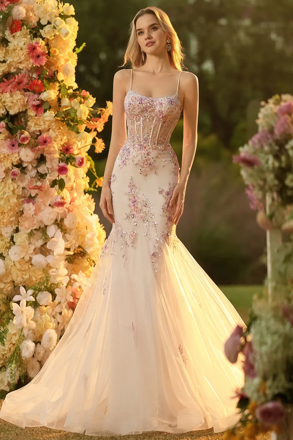 White Pink Flower Mermaid Sequins Corset Beaded Long Prom Dress with Lace Up Back sold by Zapaka product image thumbnail 5