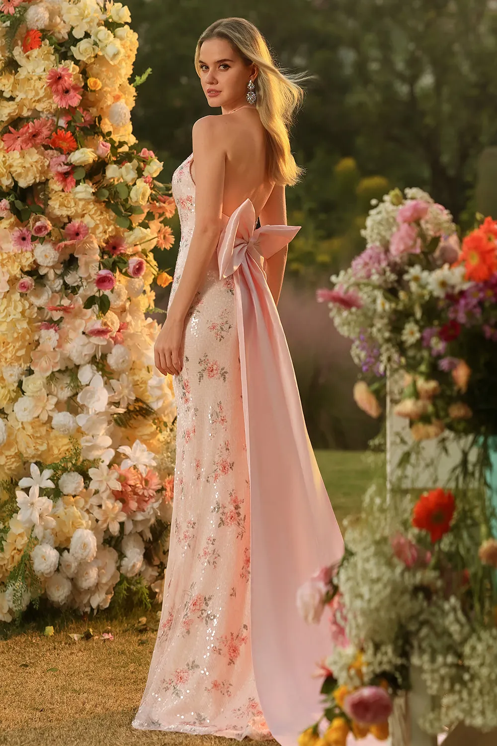 Sparkly Blush Mermaid Halter Side Slit Sequin Long Prom Dress with Large Bow sold by Zapaka product image thumbnail 4