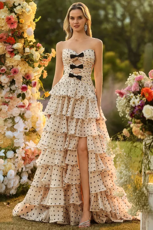 Apricot Black Dot A Line Strapless Tiered Ruffle Cut Out Long Prom Dress with Slit made by Zapaka