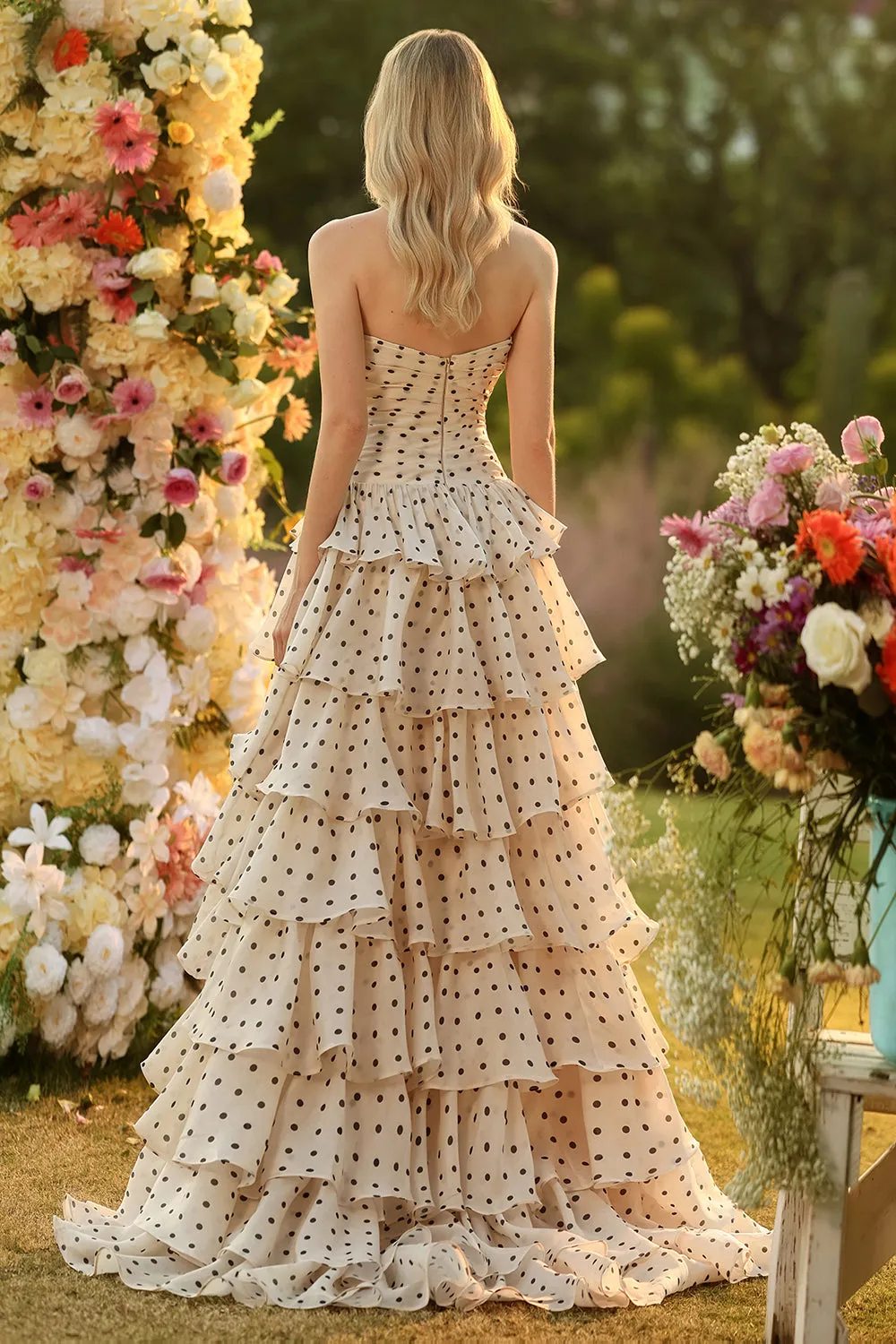 Apricot Black Dot A Line Strapless Tiered Ruffle Cut Out Long Prom Dress with Slit sold by Zapaka product image thumbnail 2