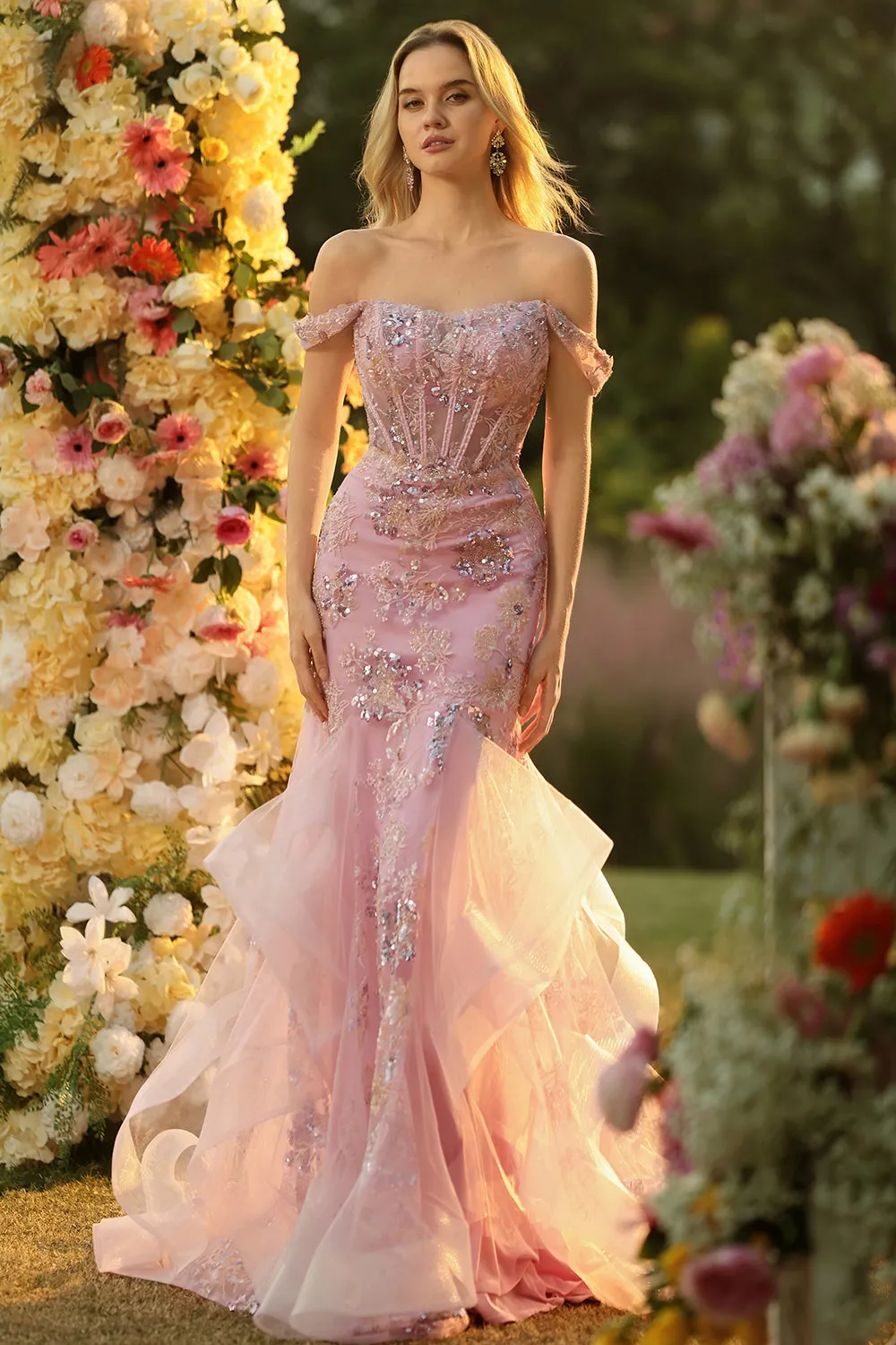 Off the Shoulder Blush Mermaid Beaded Appliqued Corset Long Prom Dress with Ruffles sold by Zapaka product image thumbnail 5