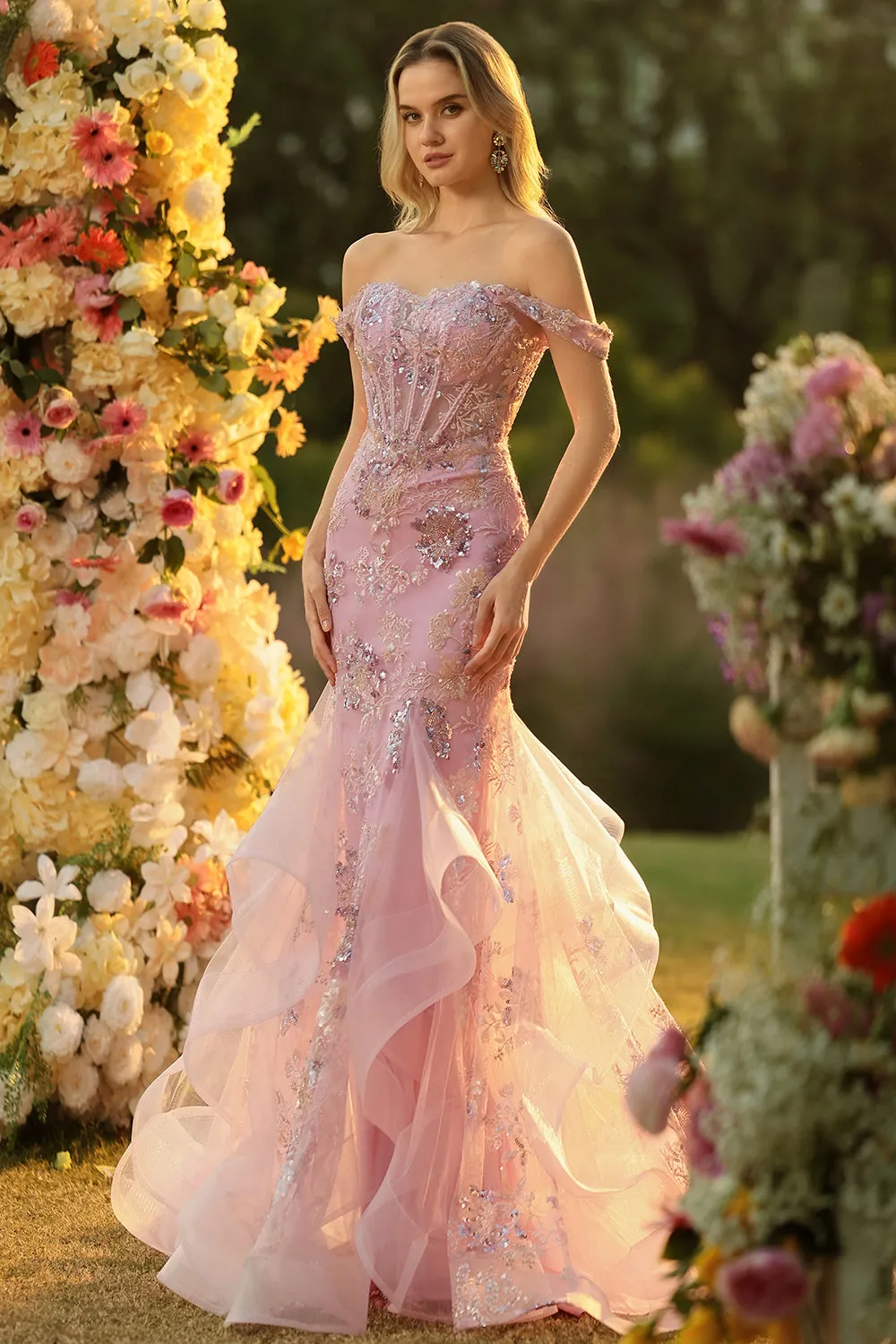 Off the Shoulder Blush Mermaid Beaded Appliqued Corset Long Prom Dress with Ruffles sold by Zapaka product image thumbnail 4