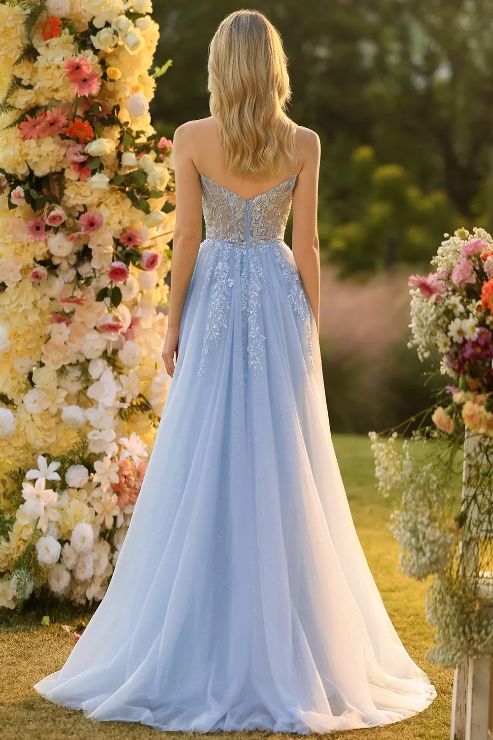 Blue A Line Strapless Convertible Corset Sequins Long Prom Dress with Removable Sleeves sold by Zapaka product image thumbnail 4