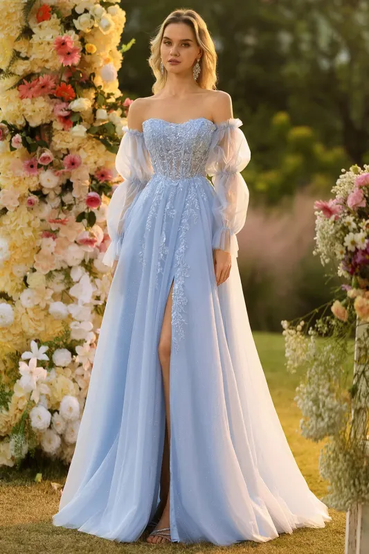 Blue A Line Strapless Convertible Corset Sequins Long Prom Dress with Removable Sleeves sold by Zapaka