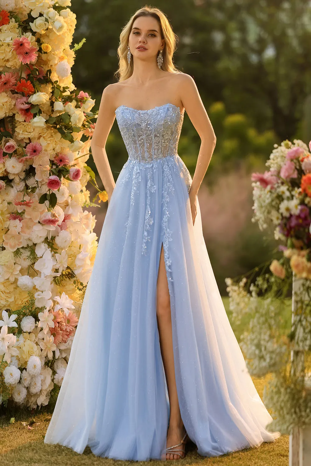 Blue A Line Strapless Convertible Corset Sequins Long Prom Dress with Removable Sleeves sold by Zapaka product image thumbnail 3