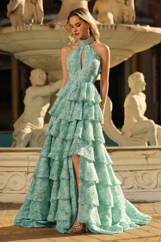 Sage Green A Line Halter Beaded Cut Out Tiered Ruffle Long Prom Dress with Slit sold by Zapaka