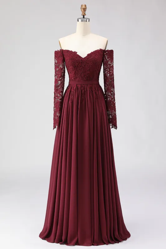 Cabernet Off the Shoulder A Line Lace Mother of the Bride Dress with Long Sleeves sold by Zapaka