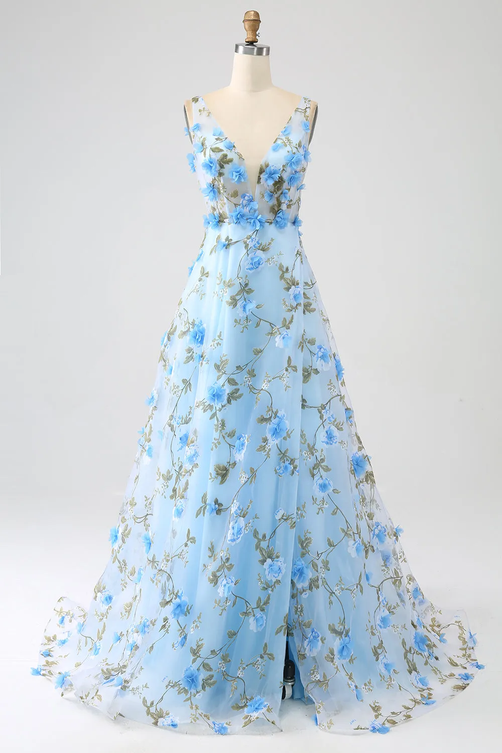 Gorgeous Sky Blue A Line Spaghetti Straps Long Prom Dress with 3D Flowers sold by Zapaka
