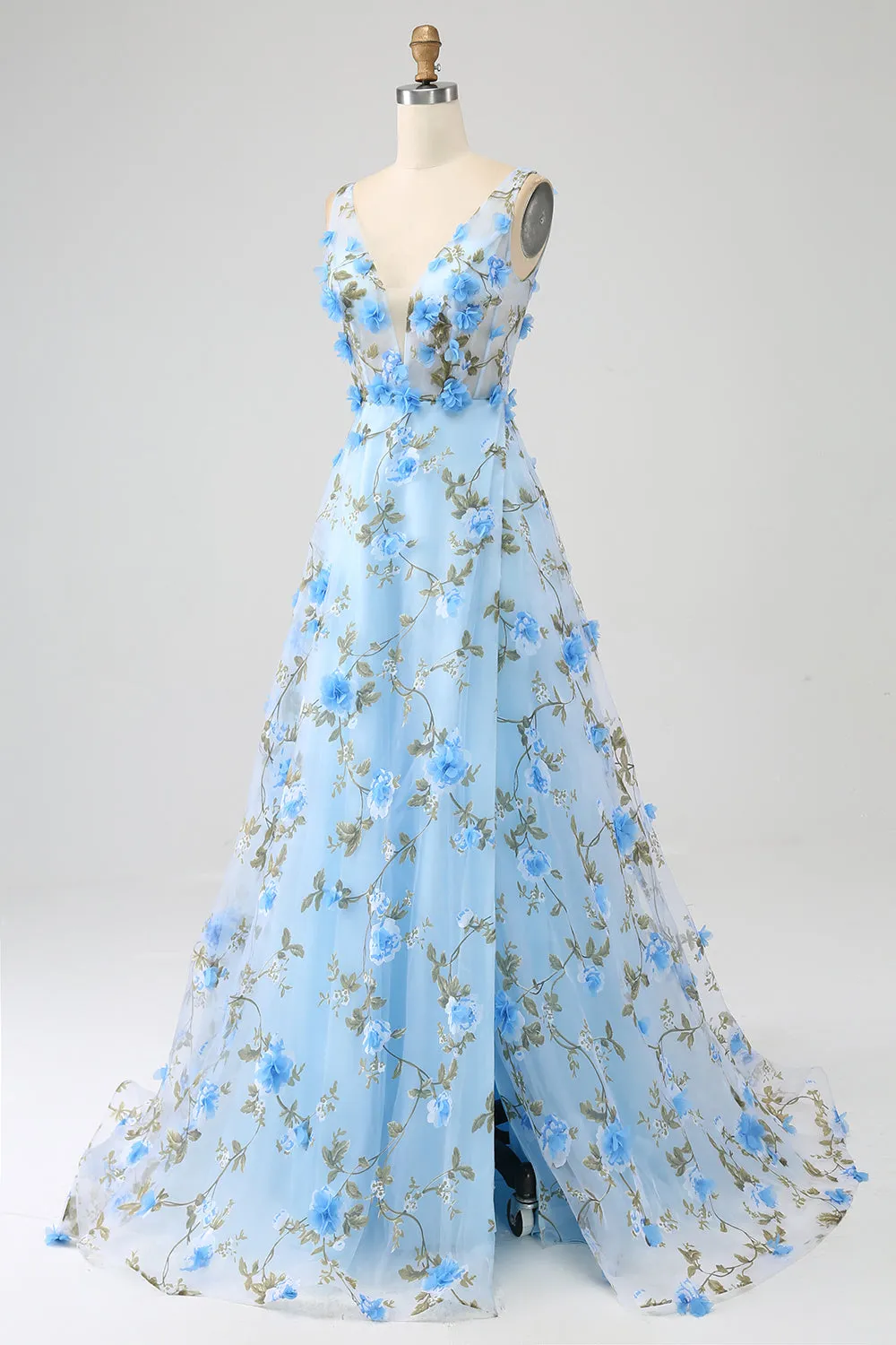 Gorgeous Sky Blue A Line Spaghetti Straps Long Prom Dress with 3D Flowers sold by Zapaka product image thumbnail 5