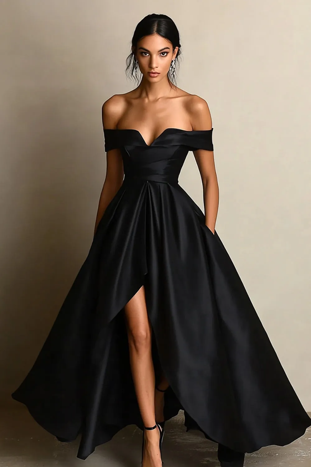 Off The Shoulder A Line Black Formal Dress with Slit sold by Zapaka
