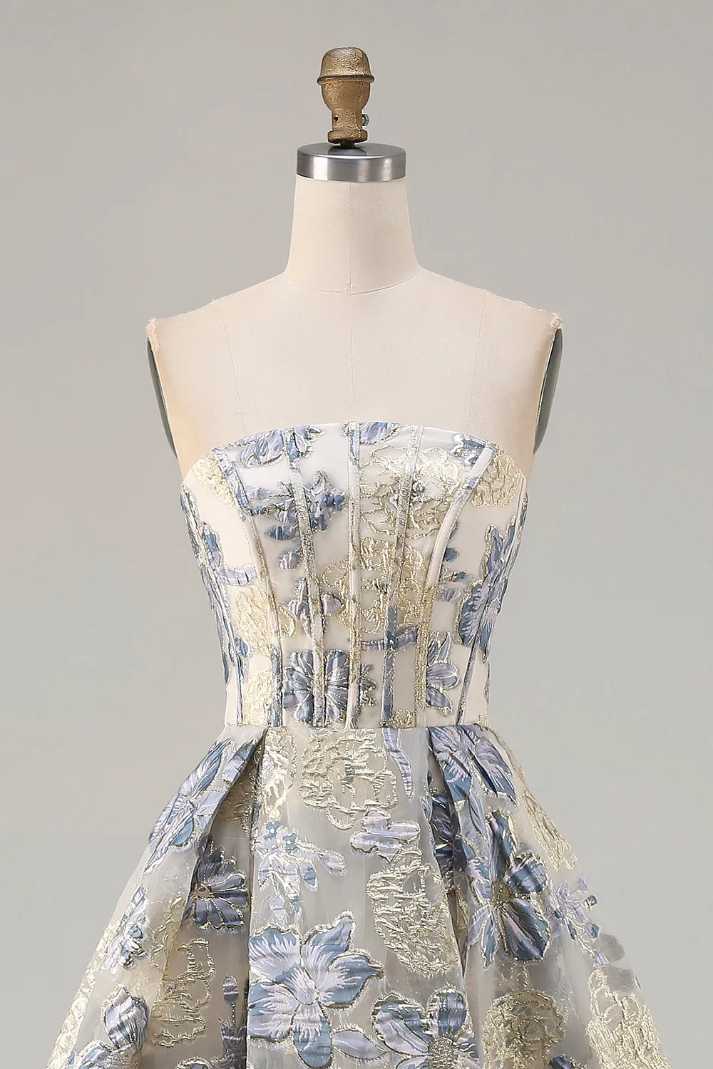 Dusty Blue Floral Strapless Corset A Line Long Prom Dress with Slit sold by Zapaka product image thumbnail 4
